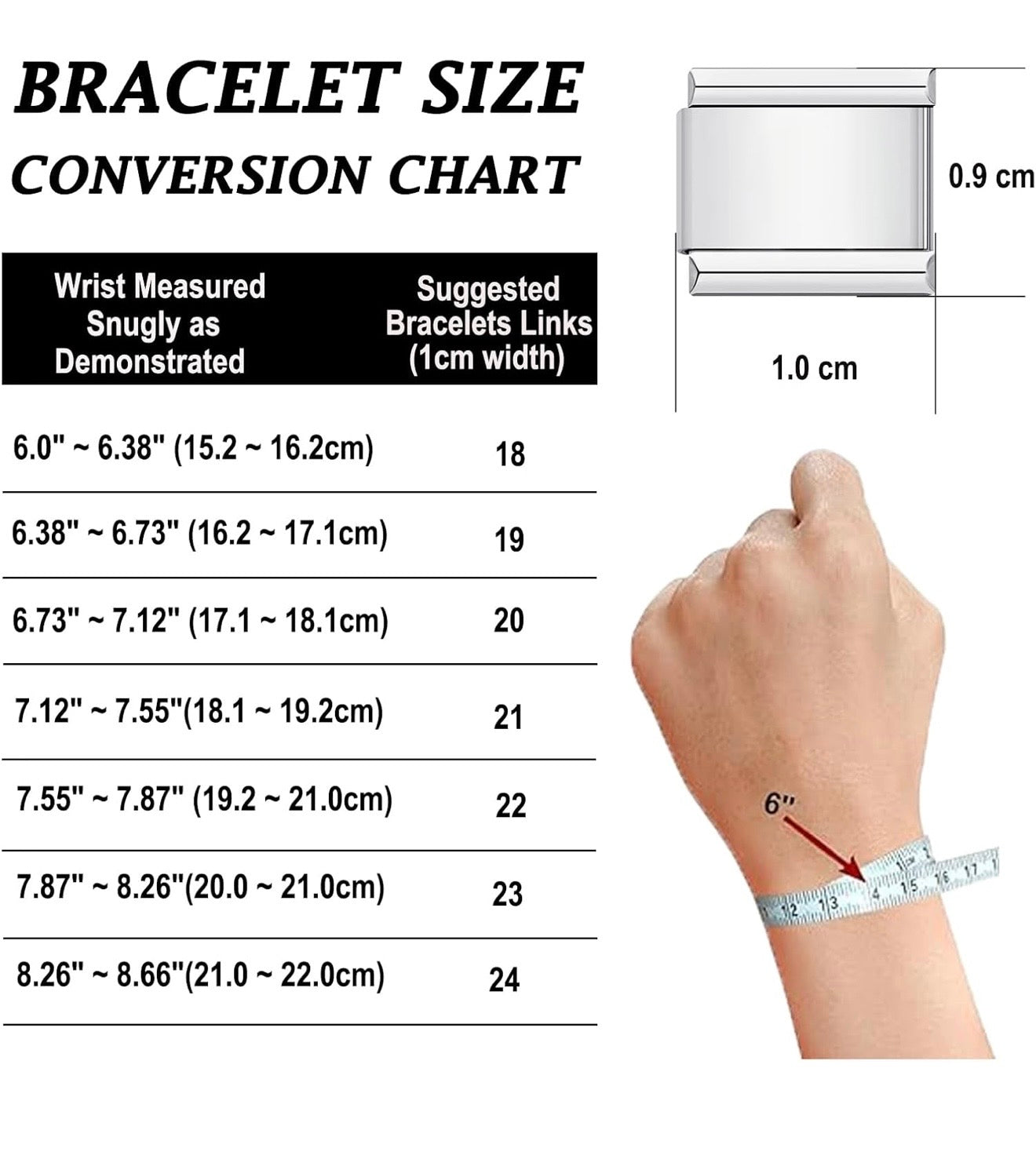 Bracelet size conversion chart with measurement guide and hand wearing a bracelet.